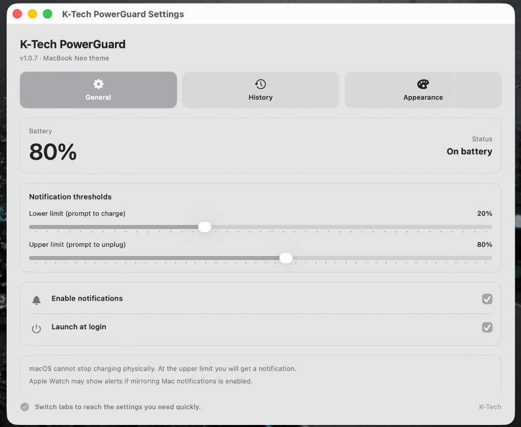 K-Tech PowerGuard Settings — General tab with battery thresholds